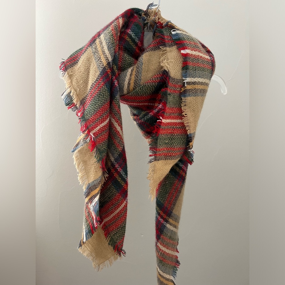Plaid Fringe Scarf in Red and Tan
